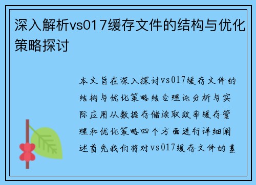 深入解析vs017缓存文件的结构与优化策略探讨